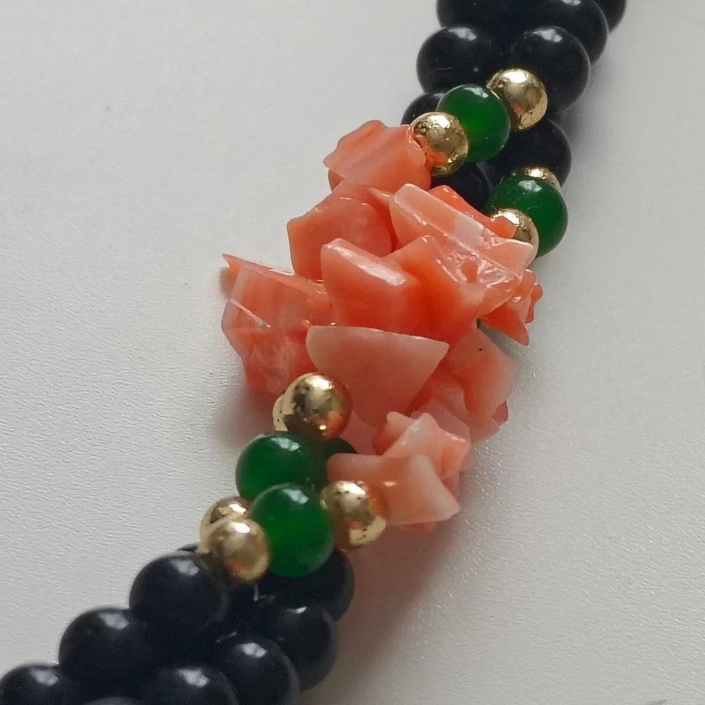 Vintage Black Beaded Necklace Pink Coral Green Jade Gold Tone Barrel Clasp 22